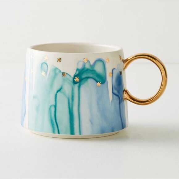 Anthropologie Blue Watercolor Night Sky Mug Gold Stars & Handle 10oz - Picture 1 of 2